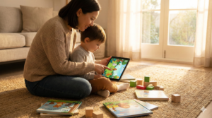 Parents playing an educational game with their digital child